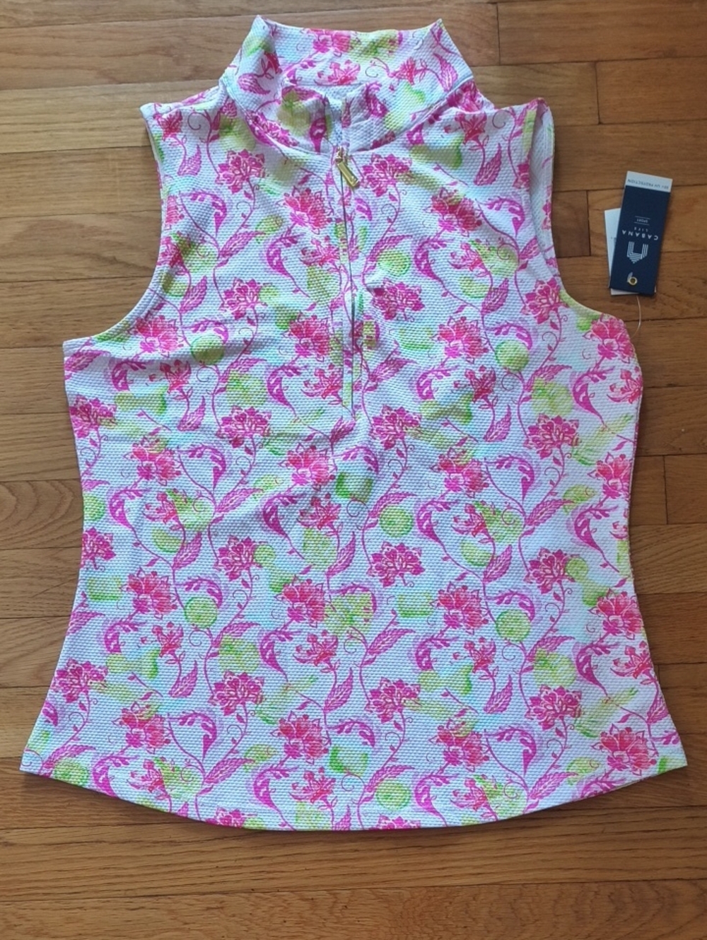 Cabana Life Pink Floral Zip Mock-Neck Tank Top - White/Pink/Green